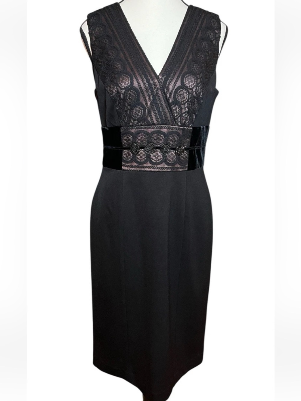 Kay Unger Black V-Neck Lace-Accent Midi Dress
